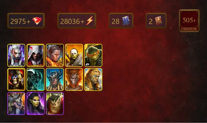 [STARTER]Trunda+Cardiel+Visix+Ezio Auditore+Ronda+Artak+Michelangelo+Deathknight+Xenomorph+Scyl+Wukong+Lordly Legionary+23Epics
