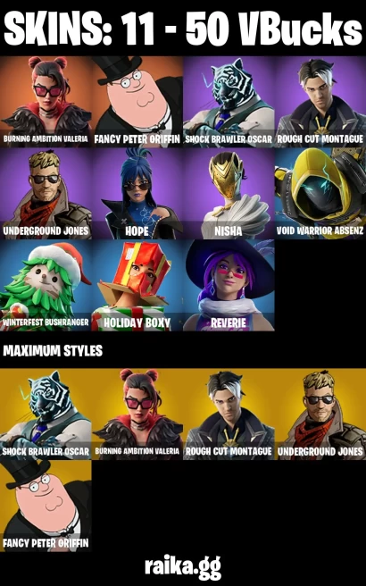 11 skins | Burning Ambition Valeria | Fancy Peter Griffin | Shock Brawler Oscar | Rough Cut Montague | Underground Jones | A2941