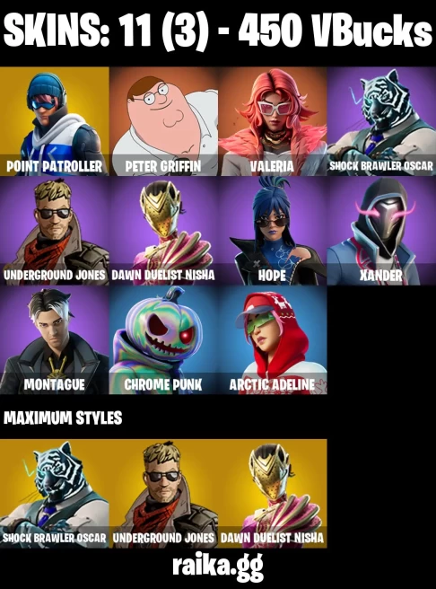 11 skins | Peter Griffin | Point Patroller | Valeria | Shock Brawler Oscar | Underground Jones | Dawn Duelist Nisha | A2943
