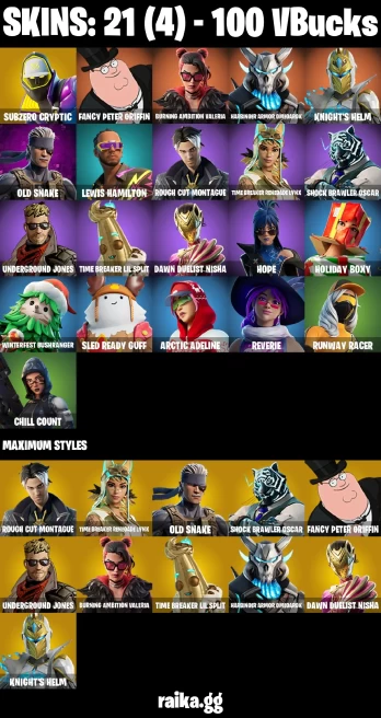 21 skins | Subzero Cryptic | Fancy Peter Griffin | Burning Ambition Valeria | Harbinger Armor Omegarok | Knight's Helm | A2968