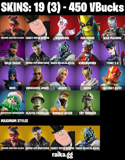 19 skins | Burning Ambition Valeria | Fancy Peter Griffin | Gwenpool | Peelverine | War Machine | Solid Snake | A2974