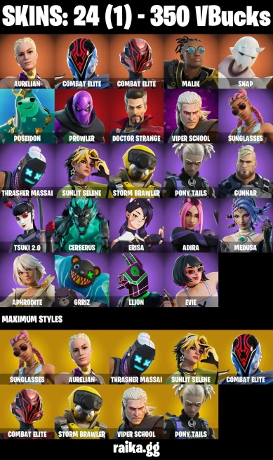 24 skins | Aurelian | Combat Elite | Combat Elite | Malik | Snap | Poseidon | Prowler | Doctor Strange | Viper School | A2975