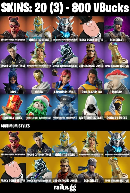20 skins | Burning Ambition Valeria | Knight's Helm | Harbinger Armor Omegarok | Fancy Peter Griffin | Old Snake | A2983