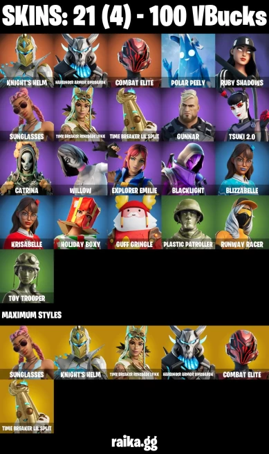 21 skins | Knight's Helm | Harbinger Armor Omegarok | Combat Elite | Polar Peely | Ruby Shadows | sunglasses | A2985