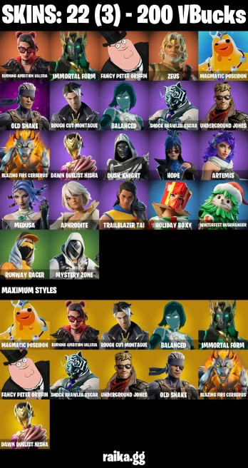 22 skins | Burning Ambition Valeria | Immortal Form | Fancy Peter Griffin | Zeus | Magmatic Poseidon | Old Snake | A2996