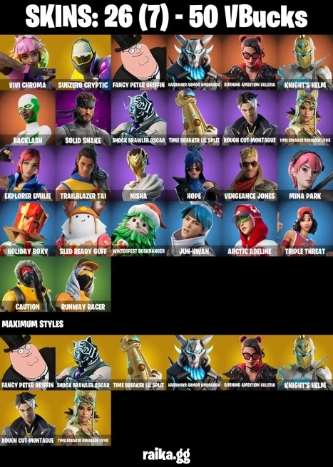 26 skins | Vivi Chroma | Subzero Cryptic | Fancy Peter Griffin | Harbinger Armor Omegarok | Burning Ambition Valeria | A3205