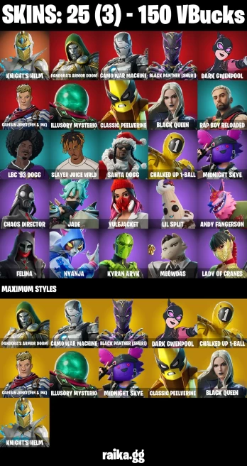 25 skins | Knight's Helm | Pandora's Armor Doom | Camo War Machine | Black Panther (Shuri) | Dark Gwenpool | A3238