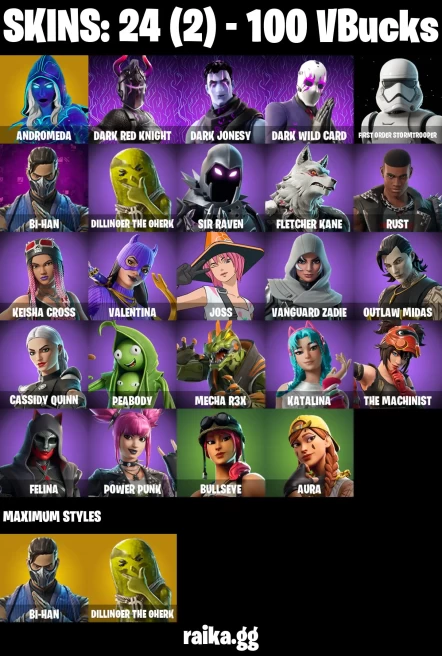 24 skins | Andromeda | Dark Red Knight | Dark Jonesy | Dark Wild Card | First Order Stormtrooper | Bi-Han | A3241