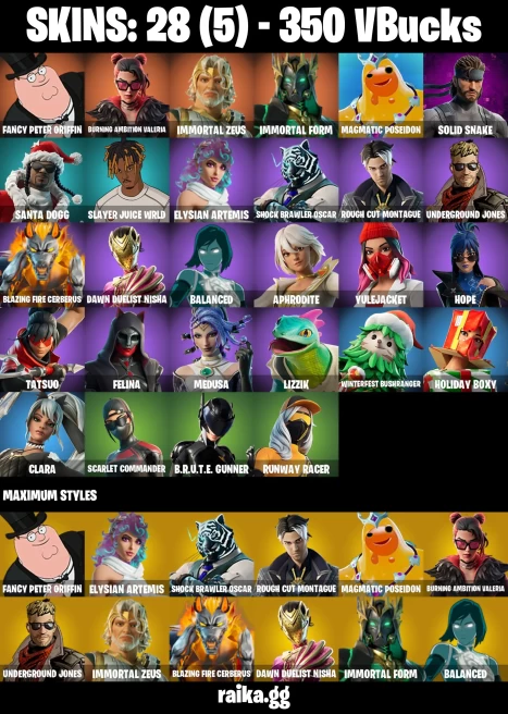 28 skins | Fancy Peter Griffin | Burning Ambition Valeria | Immortal Zeus | Immortal Form | Magmatic Poseidon | A3428
