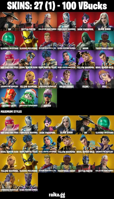 27 skins | On | Battle-Tested | Collector Kado Thorne | Camo War Machine | Dark Gwenpool | Black Queen | A3430