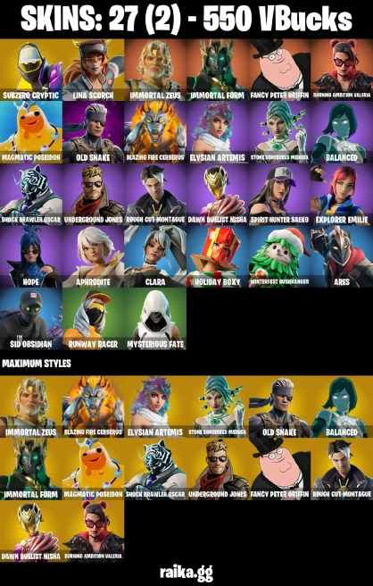 27 skins | Subzero Cryptic | Lina Scorch | Immortal Zeus | Immortal Form | Fancy Peter Griffin | A3435