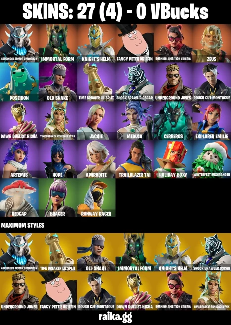 27 skins | Harbinger Armor Omegarok | Immortal Form | Knight's Helm | Fancy Peter Griffin | Burning Ambition Valeria | A3446