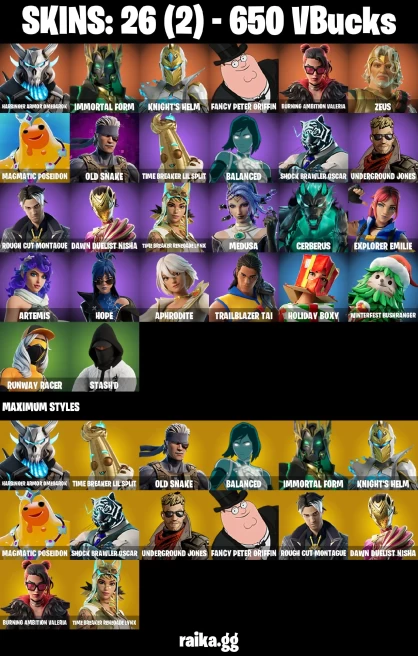 26 skins | Harbinger Armor Omegarok | Immortal Form | Knight's Helm | Fancy Peter Griffin | Burning Ambition Valeria | A3449