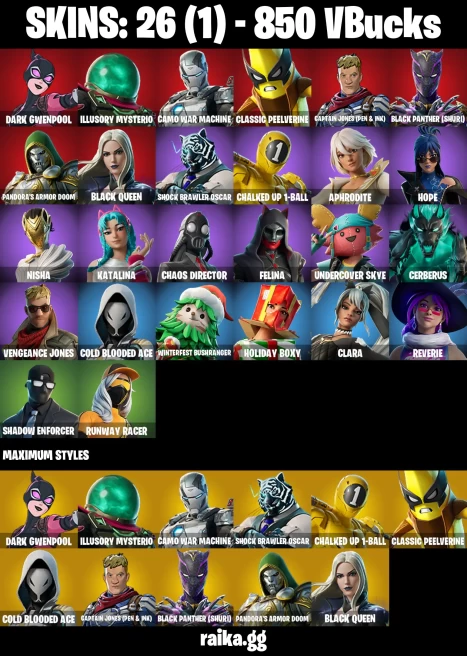 26 skins | Dark Gwenpool | Illusory Mysterio | Camo War Machine | Classic Peelverine | Captain Jones (Pen & Ink) | A3455