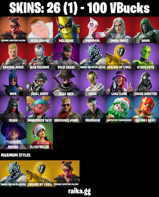 26 skins | Peter Griffin | Burning Ambition Valeria | Peelverine | Gwenpool | Emma Frost | Doom | Captain Jones | A3458