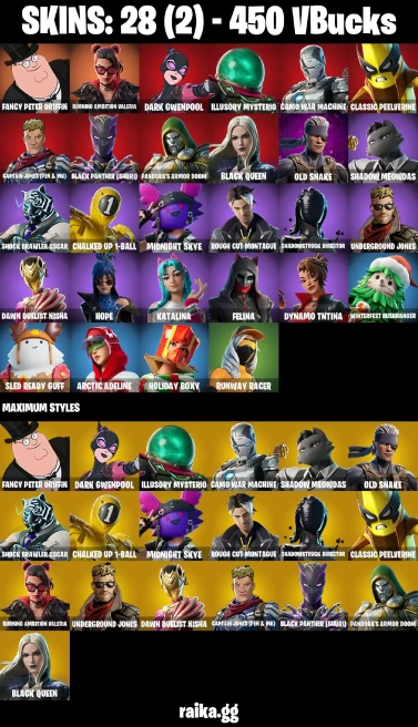 28 skins | Fancy Peter Griffin | Burning Ambition Valeria | Dark Gwenpool | Illusory Mysterio | Camo War Machine | A3459