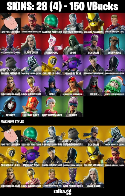 28 skins | Fancy Peter Griffin | Burning Ambition Valeria | Illusory Mysterio | Camo War Machine | Classic Peelverine | A3461