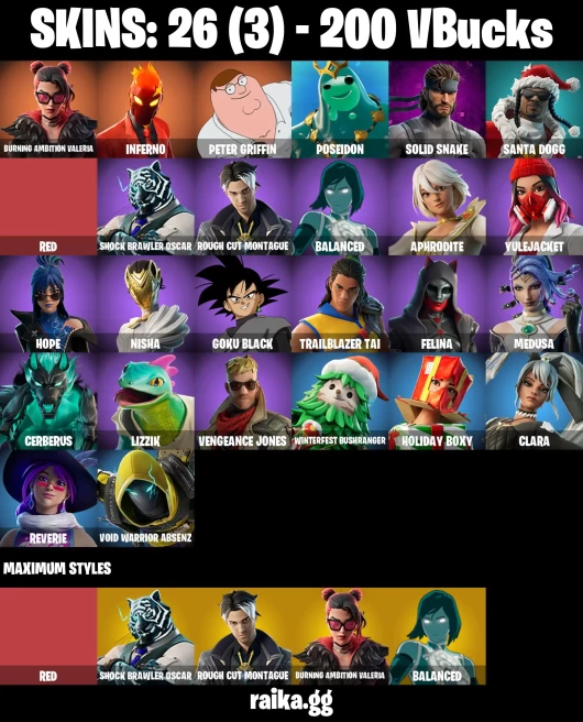 26 skins | Peter Griffin | Burning Ambition Valeria | Inferno | Poseidon | Solid Snake | Santa Dogg | Red | A3464