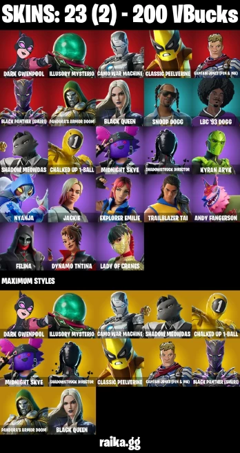 23 skins | Dark Gwenpool | Illusory Mysterio | Camo War Machine | Classic Peelverine | Captain Jones (Pen & Ink) | A3630