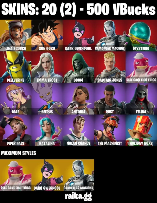 20 skins | Son Goku | Lina Scorch | Dark Gwenpool | Camo War Machine | Mysterio | Peelverine | Emma Frost | Doom | A3635