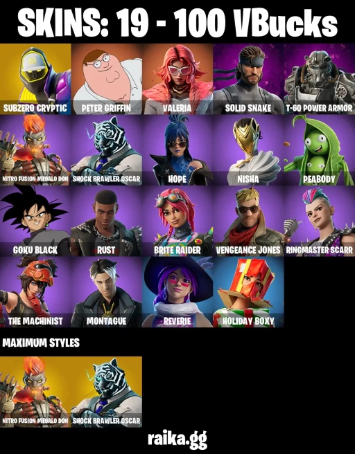 19 skins | Peter Griffin | Subzero Cryptic | Valeria | Solid Snake | T-60 Power Armor | Nitro Fusion Megalo Don | A3636