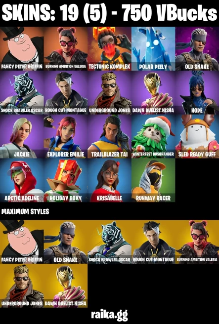 19 skins | Fancy Peter Griffin | Burning Ambition Valeria | Tectonic Komplex | Polar Peely | Old Snake | A3642