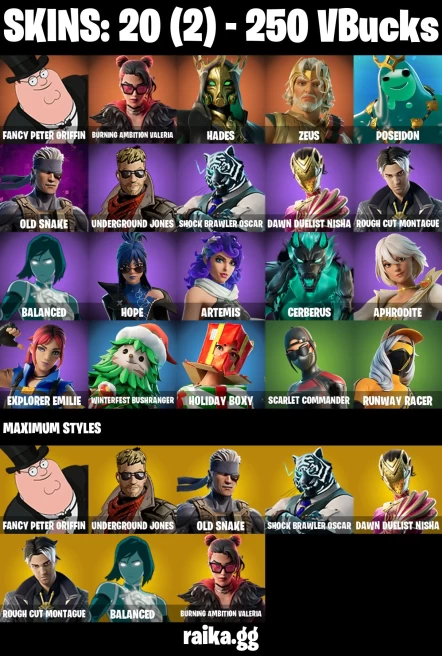 20 skins | Fancy Peter Griffin | Burning Ambition Valeria | Hades | Zeus | Poseidon | Old Snake | Underground Jones | A3643