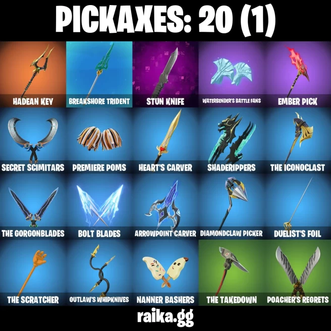 20 skins | Fancy Peter Griffin | Burning Ambition Valeria | Hades | Zeus | Poseidon | Old Snake | Underground Jones | A3643