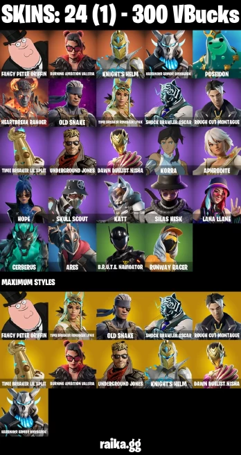 24 skins | Fancy Peter Griffin | Burning Ambition Valeria | Knight's Helm | Harbinger Armor Omegarok | Poseidon | A3648