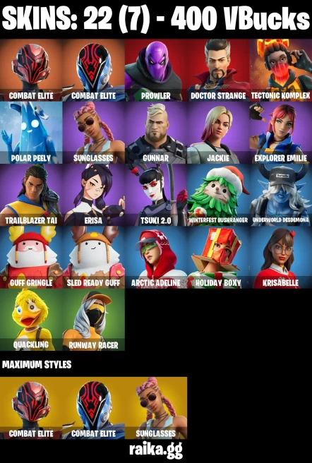 22 skins | Combat Elite | Combat Elite | Prowler | Doctor Strange | Tectonic Komplex | Polar Peely | sunglasses | Gunnar | A3650