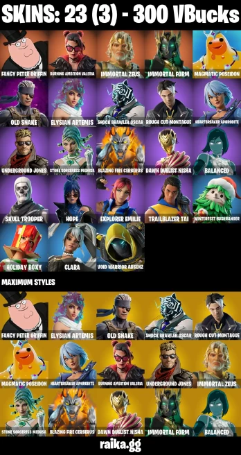 23 skins | Skull Trooper | Fancy Peter Griffin | Burning Ambition Valeria | Immortal Zeus | Immortal Form | A3651