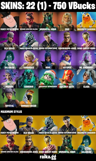 22 skins | Fancy Peter Griffin | Burning Ambition Valeria | Immortal Form | Zeus | Magmatic Poseidon | Old Snake | A3652