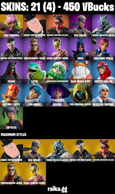 21 skins | Vivi Chroma | Fancy Peter Griffin | Burning Ambition Valeria | Old Snake | Shock Brawler Oscar | A3654