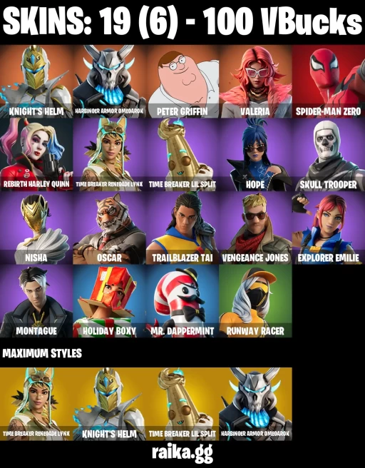 19 skins | Skull Trooper | Peter Griffin | Spider-Man Zero | Knight's Helm | Harbinger Armor Omegarok | Valeria | A3656