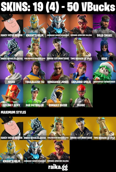 19 skins | Fancy Peter Griffin | Knight's Helm | Harbinger Armor Omegarok | Burning Ambition Valeria | Solid Snake | A3659