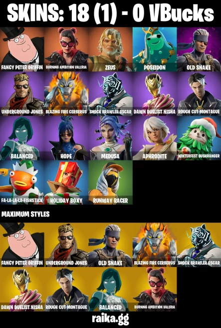 18 skins | Fancy Peter Griffin | Burning Ambition Valeria | Zeus | Poseidon | Old Snake | Underground Jones | A3661