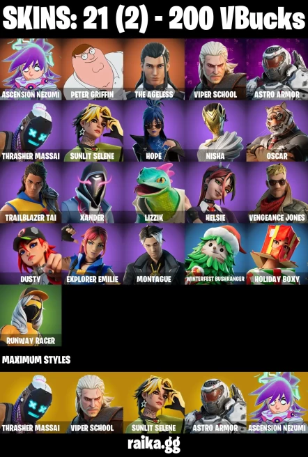 21 skins | Peter Griffin | Ascension Nezumi | The Ageless | Viper School | Astro Armor | Thrasher Massai | Sunlit Selene | A3664