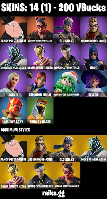 14 skins | Fancy Peter Griffin | Burning Ambition Valeria | Old Snake | Underground Jones | Shock Brawler Oscar | A3694