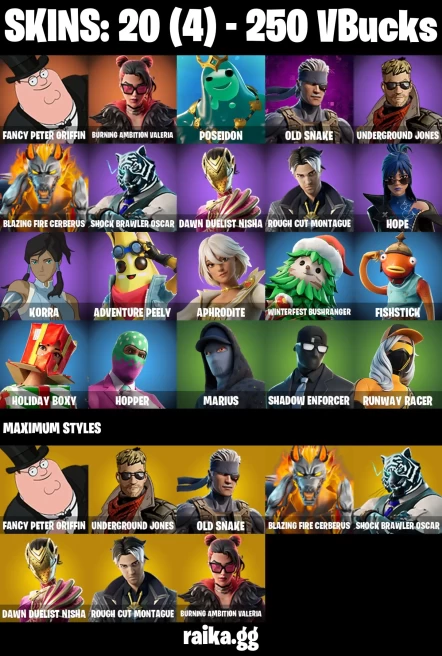 20 skins | Fancy Peter Griffin | Burning Ambition Valeria | Poseidon | Old Snake | Underground Jones | A3716
