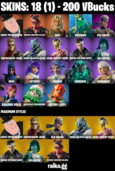 18 skins | Fancy Peter Griffin | Burning Ambition Valeria | Zeus | Poseidon | Old Snake | Underground Jones | A3720