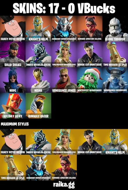 17 skins | Fancy Peter Griffin | Knight's Helm | Harbinger Armor Omegarok | Burning Ambition Valeria | Clone Trooper | A3723