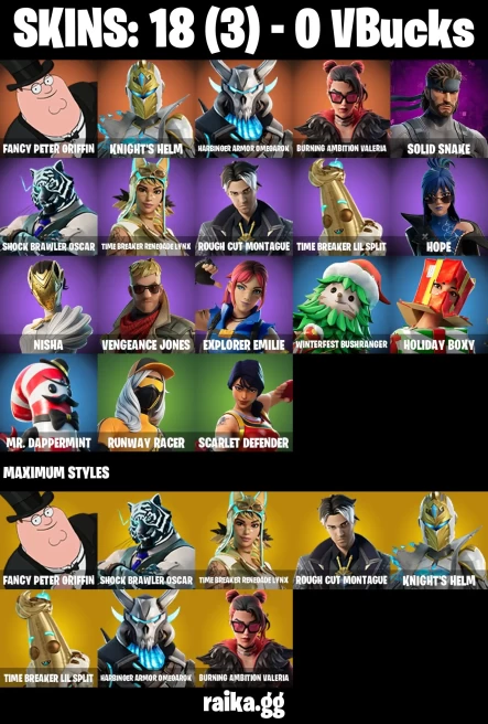 18 skins | Fancy Peter Griffin | Knight's Helm | Harbinger Armor Omegarok | Burning Ambition Valeria | Solid Snake | A3731
