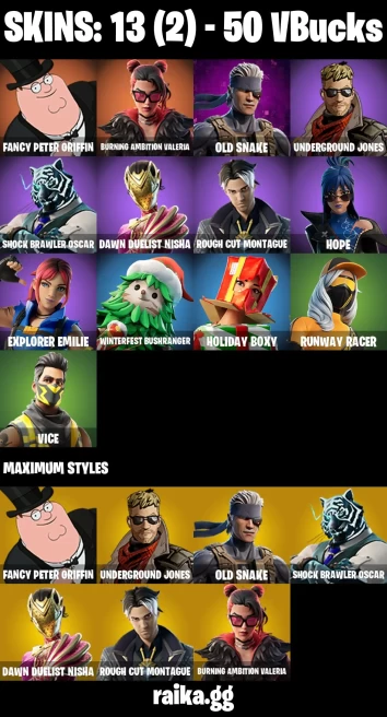 13 skins | Fancy Peter Griffin | Burning Ambition Valeria | Old Snake | Underground Jones | Shock Brawler Oscar | A3766