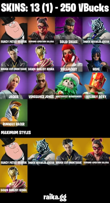 13 skins | Fancy Peter Griffin | Burning Ambition Valeria | Solid Snake | Shock Brawler Oscar | Rough Cut Montague | A3767