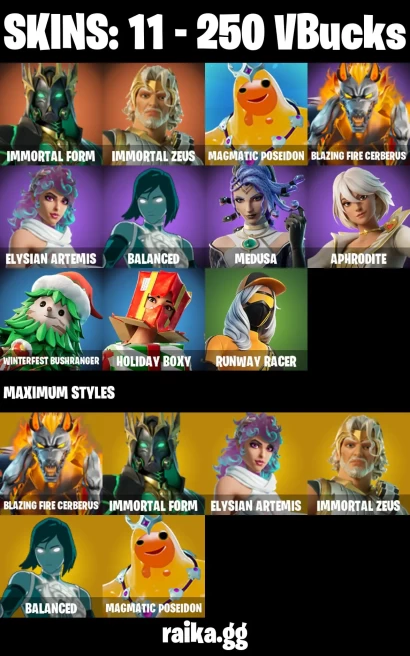 11 skins | Immortal Form | Immortal Zeus | Magmatic Poseidon | Blazing Fire Cerberus | Elysian Artemis | Balanced | A3783