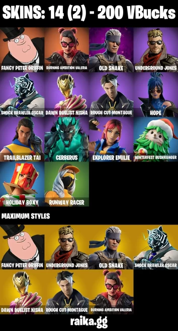 14 skins | Fancy Peter Griffin | Burning Ambition Valeria | Old Snake | Underground Jones | Shock Brawler Oscar | A3787