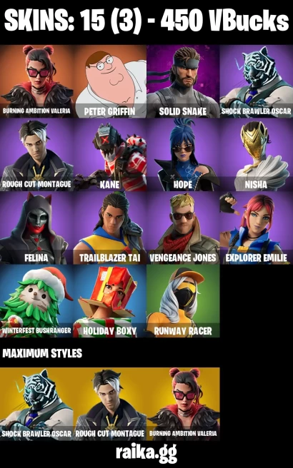 15 skins | Peter Griffin | Burning Ambition Valeria | Solid Snake | Shock Brawler Oscar | Rough Cut Montague | Kane | A3802