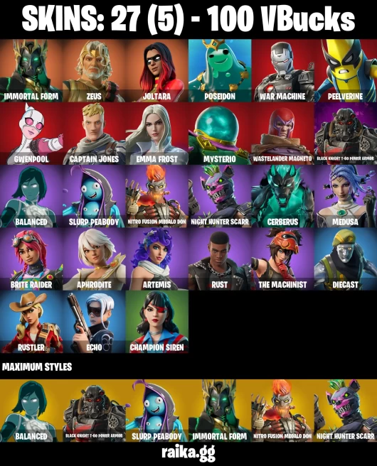 27 skins | Joltara | Immortal Form | Zeus | Poseidon | War Machine | Peelverine | Gwenpool | Captain Jones | Emma Frost | A3829