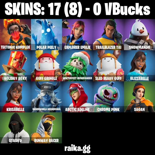 17 skins | Tectonic Komplex | Polar Peely | Explorer Emilie | Trailblazer Tai | Snowmando | Holiday Boxy | Guff Gringle | A3849