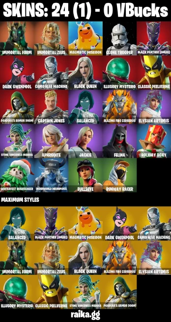 24 skins | Immortal Form | Immortal Zeus | Magmatic Poseidon | Clone Trooper | Black Panther (Shuri) | Dark Gwenpool | A3850